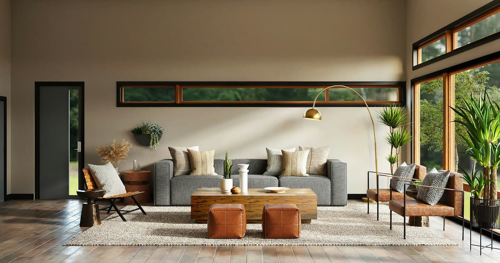 Warm, well-lit apartment lounge