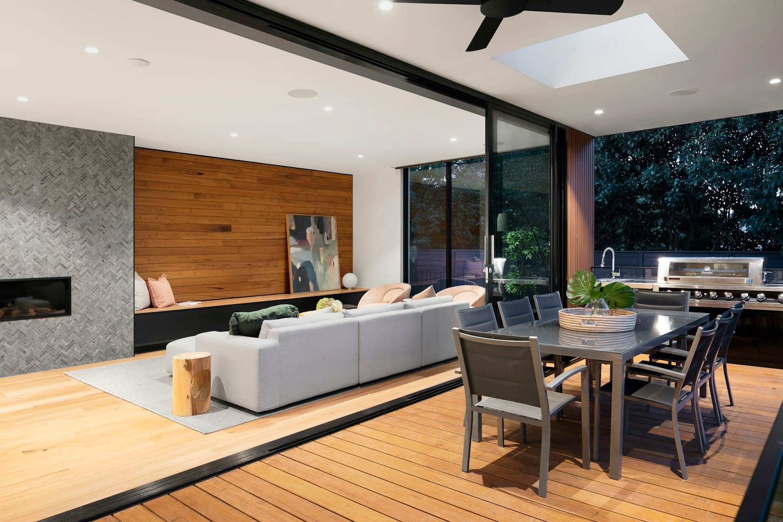 Lounge and dining area with timber accents