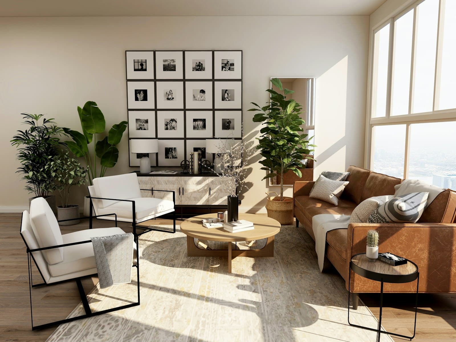 Living room with natural light and warm tones