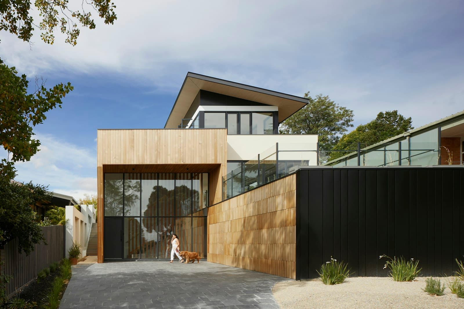 Contemporary home exterior with timber and dark cladding